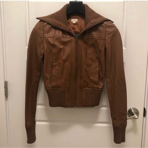 FRENCHI Cognac Leather Cropped Bomber Jacket Genuine Leather Ribbed Trim Size S